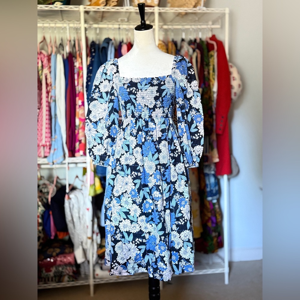 JCrew Floral Blue and White Women's Dress sz Small Petite SP EUC